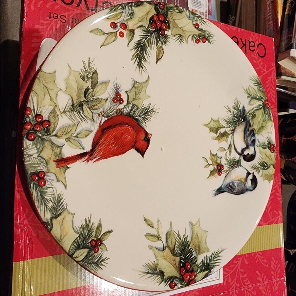 New holiday cake platter set 12” Round Cardinal Cake Plate With Cake Server A3 - Picture 6 of 7